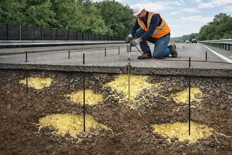 Illustration of a worker injecting beneath a highway slab, with a conceptual cutaway showing subsurface treatment
