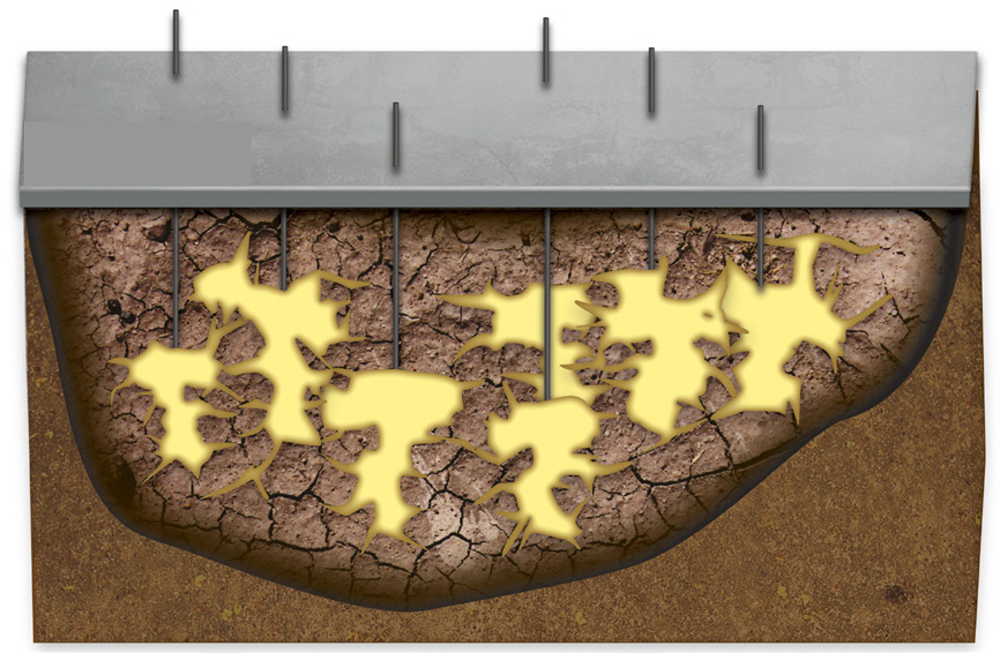 Conceptual cross-section illustrating injection access points and treated areas beneath a concrete slab