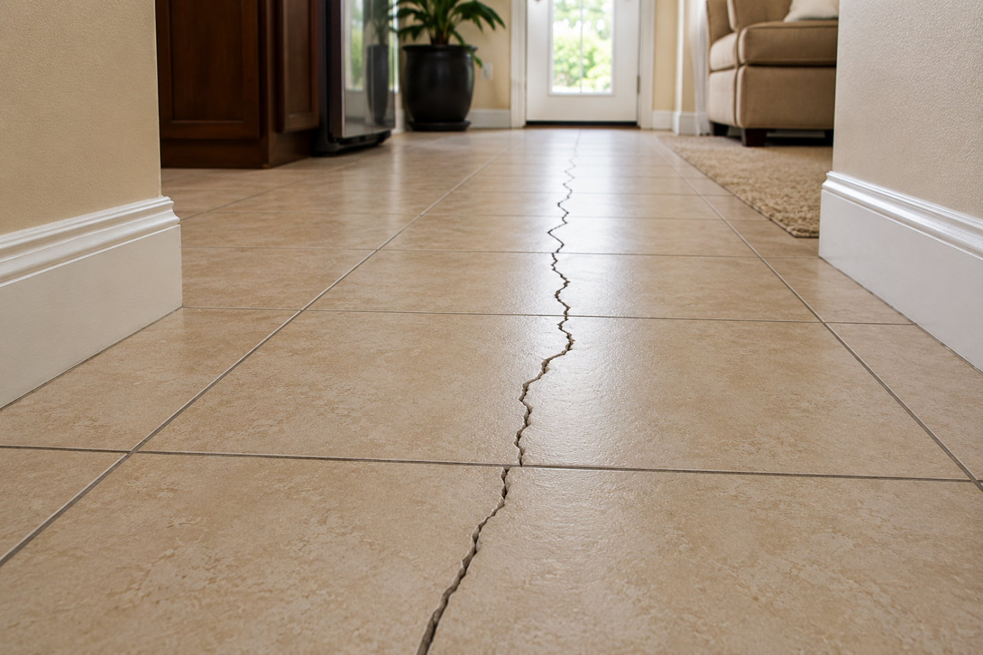 Cracked interior floor tile caused by slab movement beneath the flooring surface
