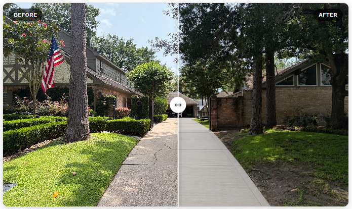 Before and after comparison of a new concrete driveway installation by Texas Slab Guys